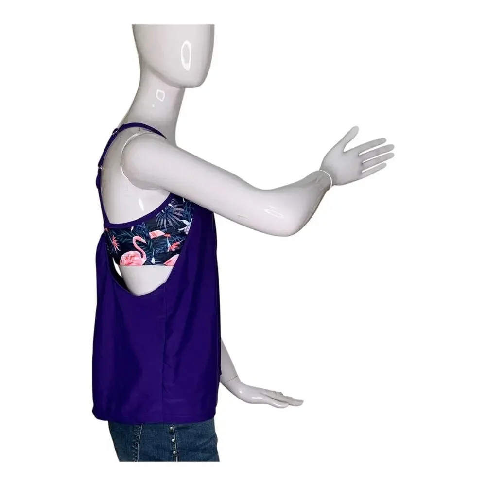 Yonique NWT Tankini Top with a Built in Flamingo Patterned Bra Size M